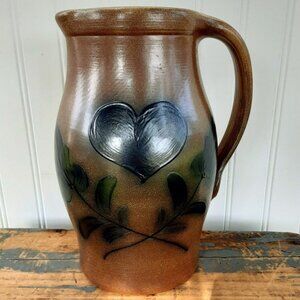 Maple City Pottery 2005 Water Pitcher Brown Slip Glaze Heart and Leaf